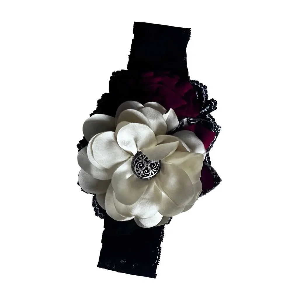 Persnickety Festive Lace Headband with Red Floral Christmas Detail